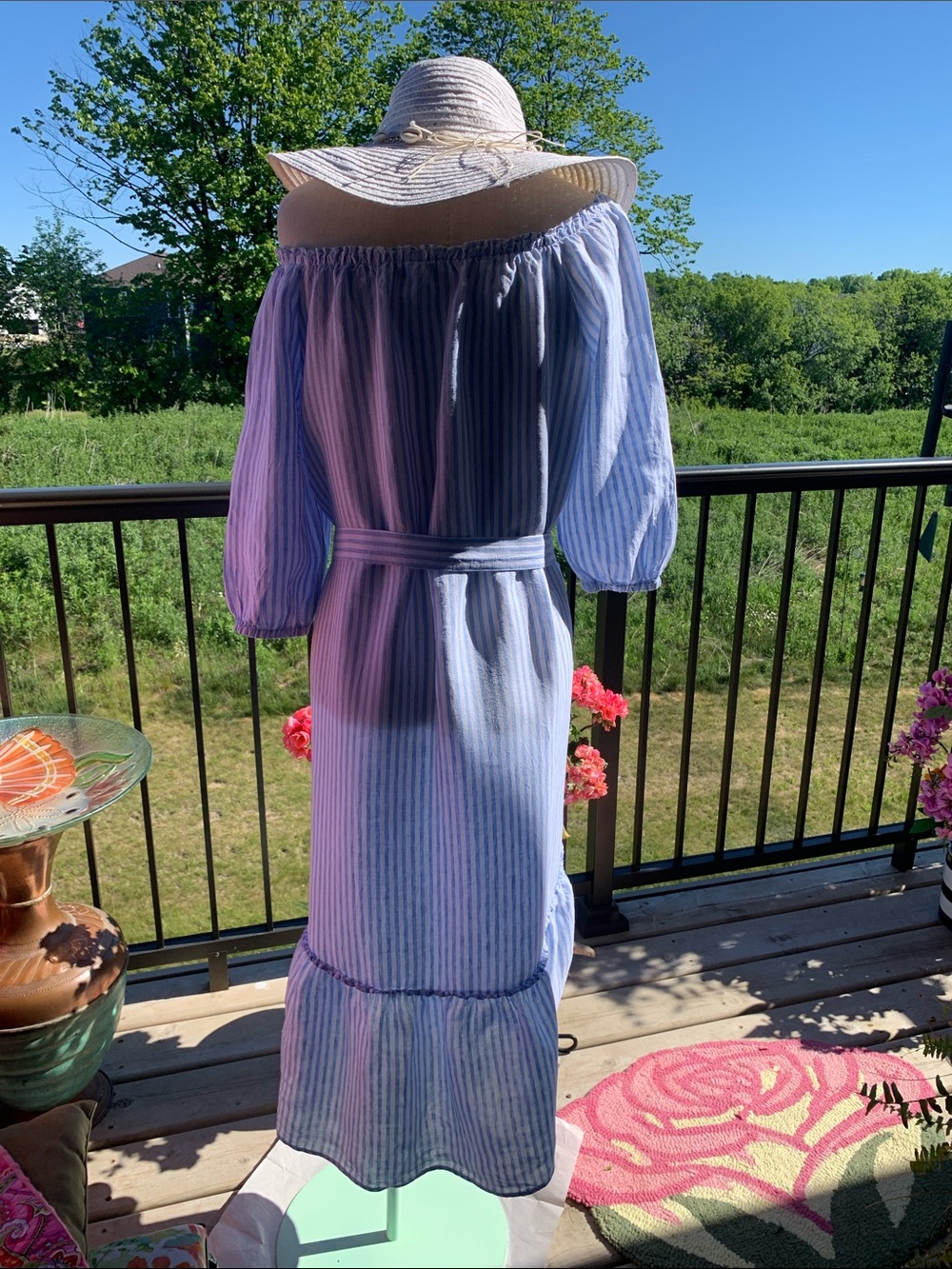 Saks 5th Avenue 100% Cotton Linen Blue White Striped Off-Shoulder Dress Size L